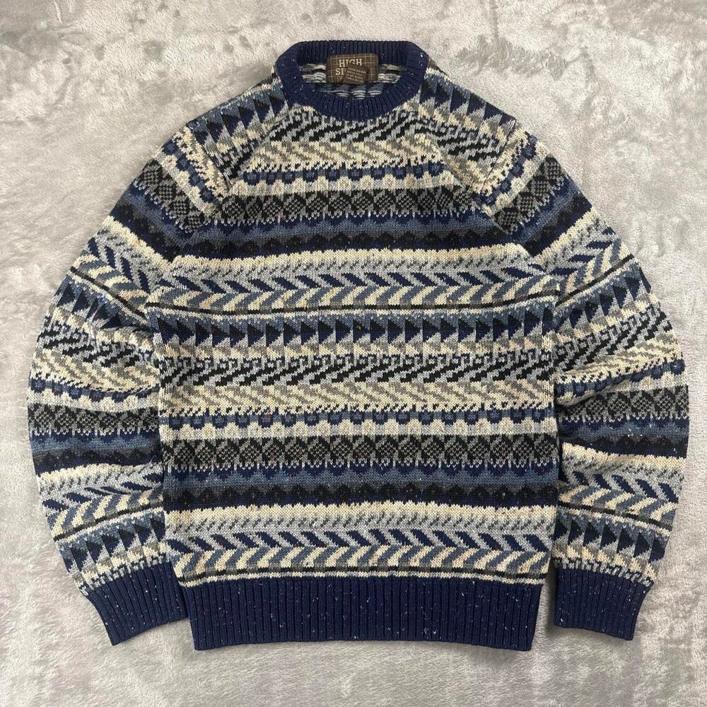 Vintage High Sierra Sweater Men Large Blue Fair Isle Wool Blend Crewneck